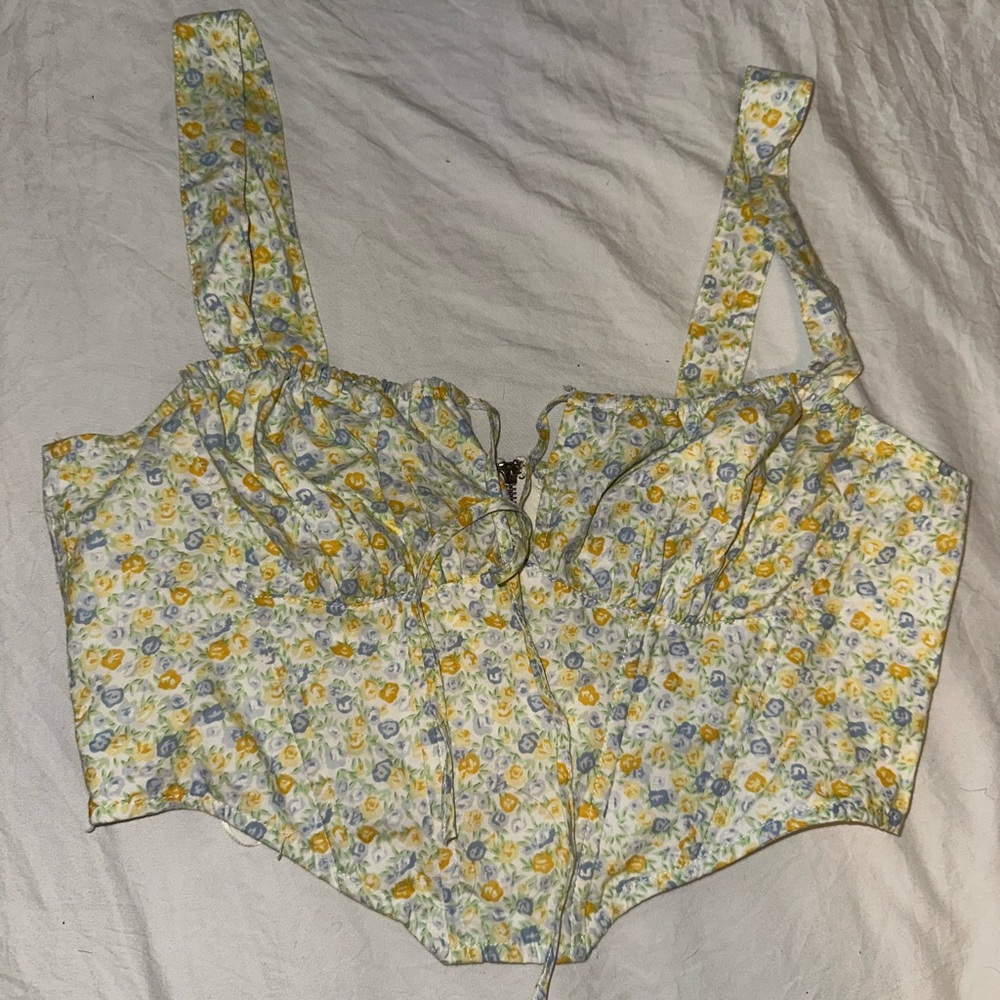 Cotton Candy Floral Corset Top with Yellow and Blue Accents